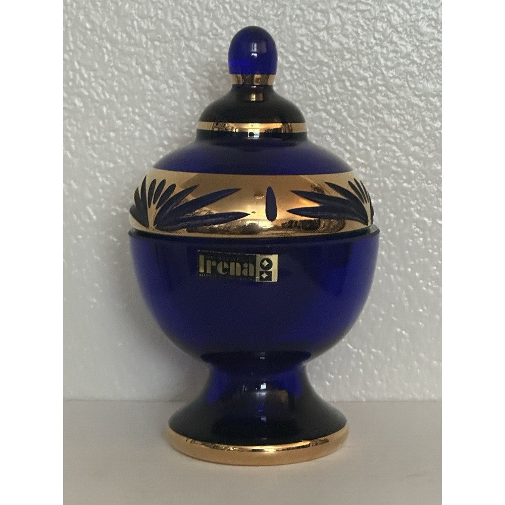 Irena Poland 24% Lead Crystal Cobalt Blue Gold Hand Cut Container Candy Dish Lid